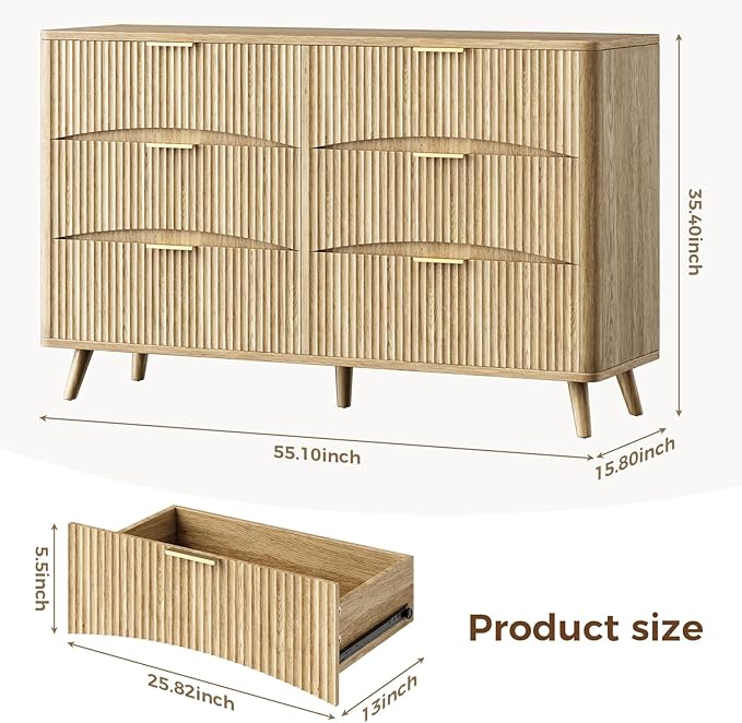 55" Wide Fluted 6 Drawer Dresser, Mid Century Modern Curved Dresser, Light Wood Chest of Drawers for Bedroom, Living Room and Entryway, Natural Oak