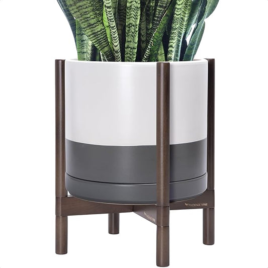 D'vine Dev Ceramic Planter with Walnut Color Stand - 14 Inch Modern Round Flower Pot with Wood Planter Holder, White/Grey, 55-B-T-6