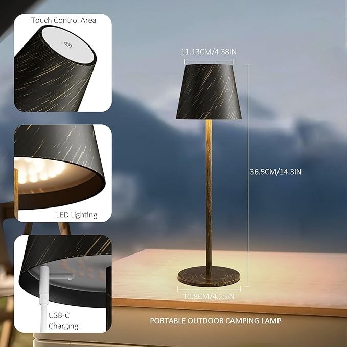 2-Pack Copper Cordless Table Lamp,Rechargeable LED Desk Lamp,5000mAh Battery Operated Lamp,3000K Warm Light Stepless Dimming,IP54 Waterproof Portable Table Light for Restaurant/Camping,Copper