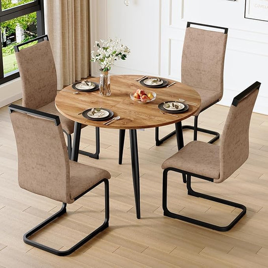 42"-54" Extendable Dining Table Set for 4, Round Dining Table Set for 4, 0.73" Thick Wood Tabletop with Smooth Edge, Black Metal Leg with Non-Slip Footmat, 4 Soft PU Chairs, for Kitchen, Small Space