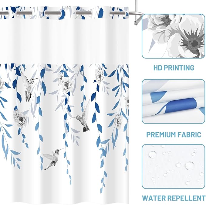 No Hook Shower Curtain with Snap in Liner - Fabric Waterproof Inner Liner, Plants Blue Floral Grey Nature Birds Cloth Shower Curtains Washable, 71 x 74 Inch