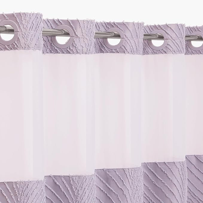 No Hook Extra Long Shower Curtain Set with Snap-in Liner, 86 inch XL Boho Purple Fabric Shower Curtains for Modern Bathroom Decor, Hotel Style Shower Curtain with See Through Top Window