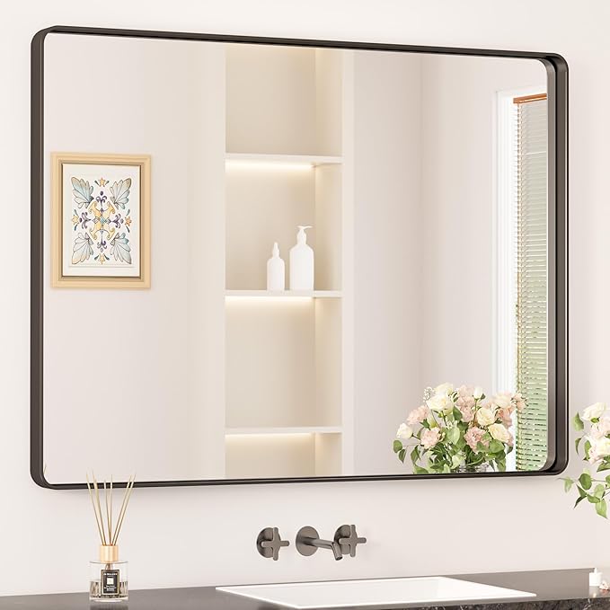 Keonjinn Black Framed Mirror for Bathroom 40 x 30 Inch Rounded Rectangle Wall Mirror, Matte Black Vanity Mirror for over Sink, Tempered Glass Farmhouse Mirror Seamless Metal Frame(Horizontal/Vertical)