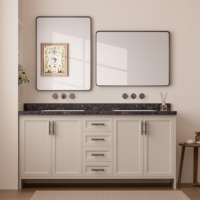 Keonjinn Black Bathroom Mirror for Over Sink, 24 x 32 Inch Matte Black Mirrors for Wall, Rounded Corner Rectangle Farmhouse Vanity Mirror, Tempered Glass Modern Decorative Mirror(Horizontal/Vertical)