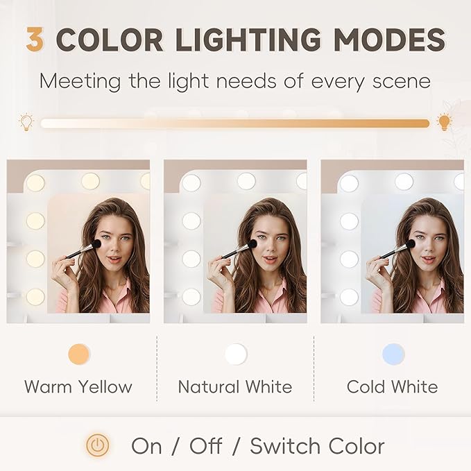 YESHOMY Vanity Desk with Large Lighted Mirror, Power Outlet and 11 Lights, Makeup Table with 7 Drawers and 3 Desktup Storage Units, 3 Color Modes Available for Bedroom, White