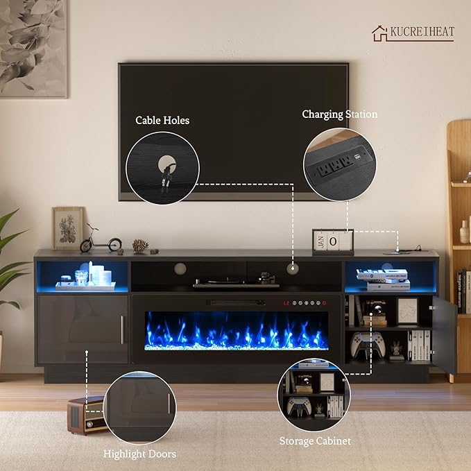 80'' TV Stand with 42'' Fireplace - LED Light Entertainment Center for 90 inch TVs - Black Cabinet with Storage, Modern Console for Living Room