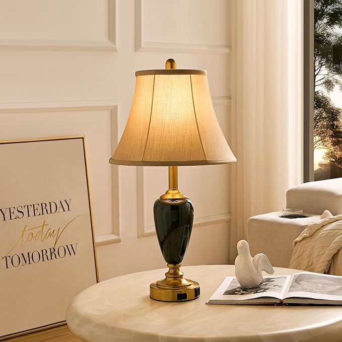 24" Ceramic Table Lamp with 3 Way Dimmable Touch Lamps - 2 USB Ports & AC Outlet Bedside Lamps, Modern Nightstand Lamp for Bedroom Living Room Office (Bulb Included)