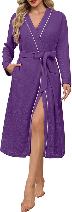 Ekouaer Robes for Women Long Sleeves Bathrobe V Neck Cozy Housecoat Lightweight Fleece Robe with Pockets S-XXL