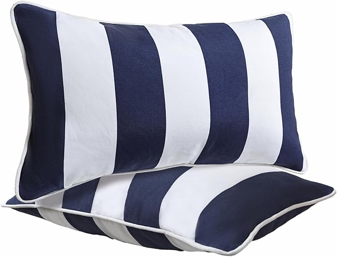 JMGBird Outdoor Lumbar Pillows, Waterproof Throw Pillows with Insert, Pack of 2, 12×20 Inch- Add a Pop of Color Outdoors (Blue and White)