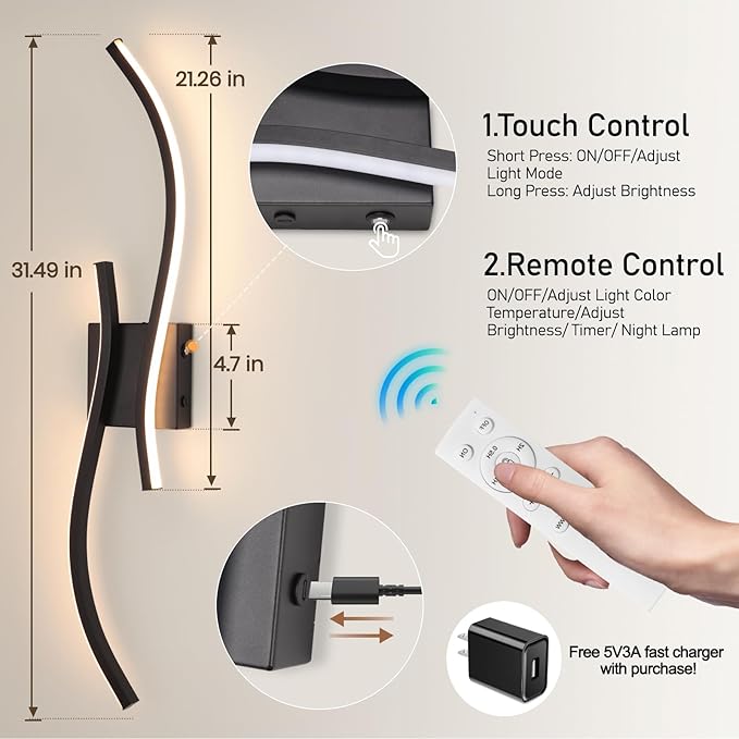 Battery Operated Wall Sconces Set of 2，Rechargeable Dimmable Battery Operated Wall Sconce with Remote Control，3000K-6500K LED Black Wireless Wall Light for Living Room Bedroom Hallway，31.5inch (Black)