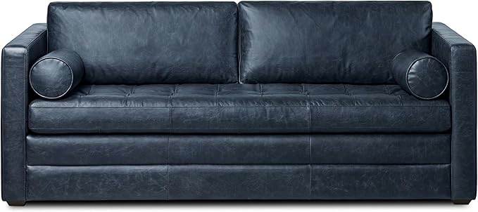 POLY & BARK Napa 82" Leather Pull-Out Convertible Sleeper Sofa in Midnight Blue