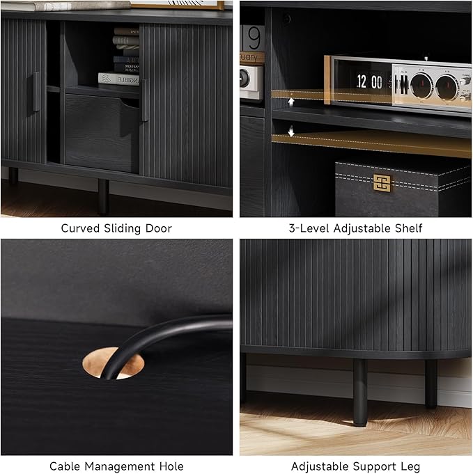 69" TV Stand with Power Outlet for TVs up to 80", Entertainment Center with Storage and Drawer, TV Console with Adjustable Shelves and Sliding Door, TV Stand for Living Room, Bedroom, Black