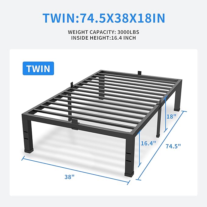 MAF 18 Inch Twin Size Bed Frames No Box Spring Needed Heavy Duty Metal Platform Bed Frame Steel Slat Support Easy Assembly Noise Free Black Bed Frame Twin