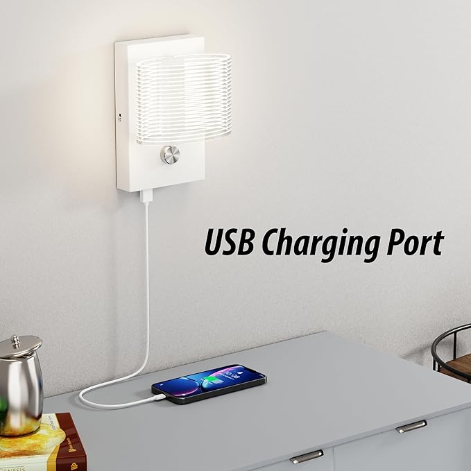 URSOLA Wall Sconce LED Wall Lamp with Dimmer Switch and USB Charging Port Oval Linear Sleek Lampshade 110 Volt Hardwired Wall Light 4000K Sconces Wall Lighting (White)