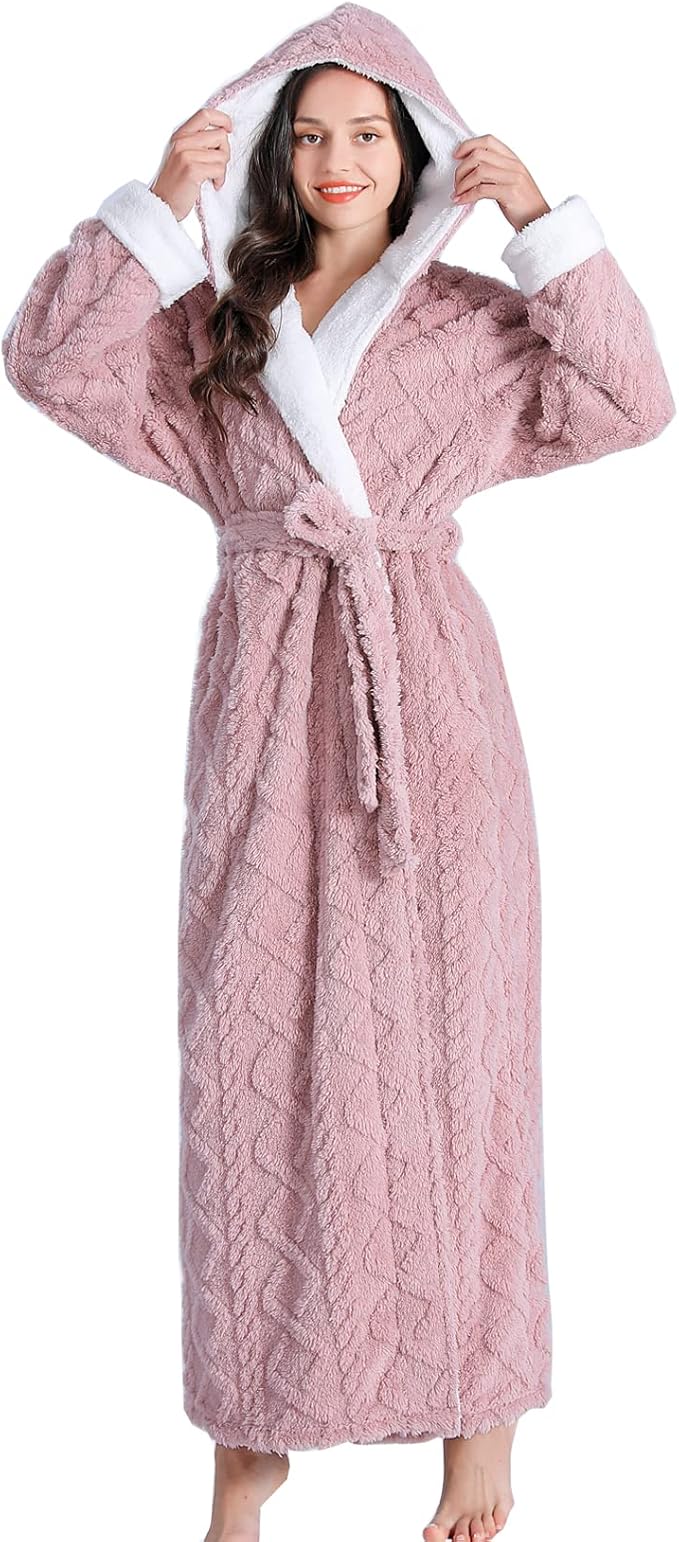 LKG women's robes long plush hooded ladies shower luxury christmas warm fuzzy robes house coat bathrobe for women full length