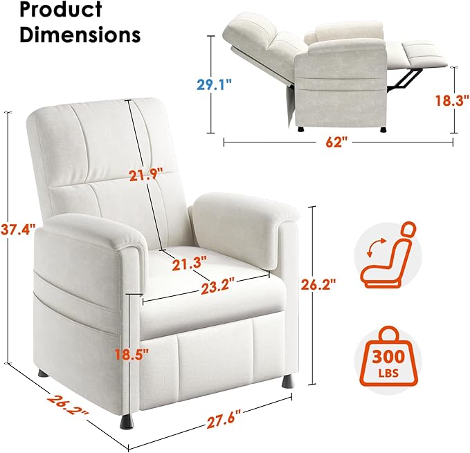 Amada Power Recliner Chair for Adults, Chenille Electric Reclining Chair for Small Spaces with Remote & Side Pockets, Thick Seat Cushion for Home Theater, RV, Living Room & Bedroom (White)