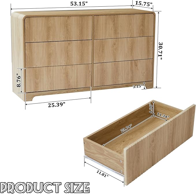 Fluted 6 Drawers Dresser for Bedroom, 53" Wide Mid Century Modern Chest of Drawer with Curved Profile Design, Large Double Wood Dresser for Living Room