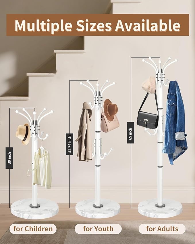 EZIVIEZ Modern Coat Rack Stand, Metal Freestanding Coat Rack with Natural Marble Base, Coat Racks with Umbrella Holder,Coat Hanger Stand with 12 Hooks for Office, Entryway (White-360° Rotary 14 Hooks)