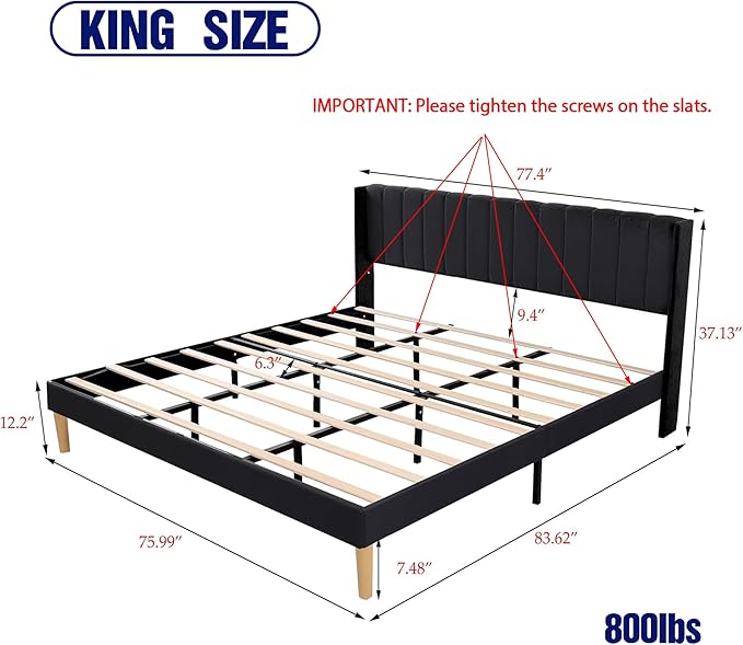 Upholstered Platform King Size Bed Frame with Headboard Wooden Slats Support No Noise Easy Assembly Black Linen