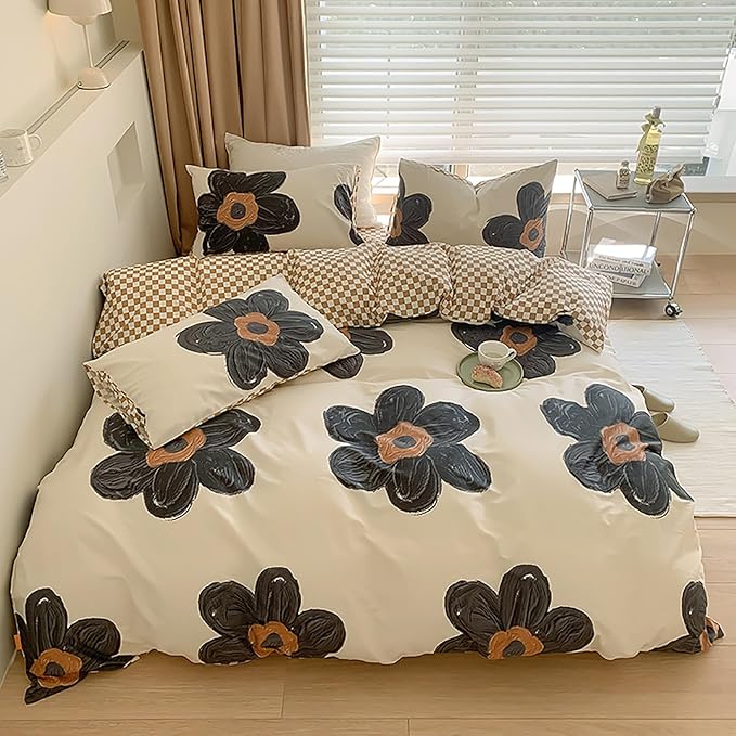 Luxlovery Black Floral Comforter Set Twin Botanical Sunflower Bedding Comforter Set Women Girls Cute Chic Sunflower Blanket Teen Girls Kids Quilts 3 Piece Bedding Set for Twin Bed