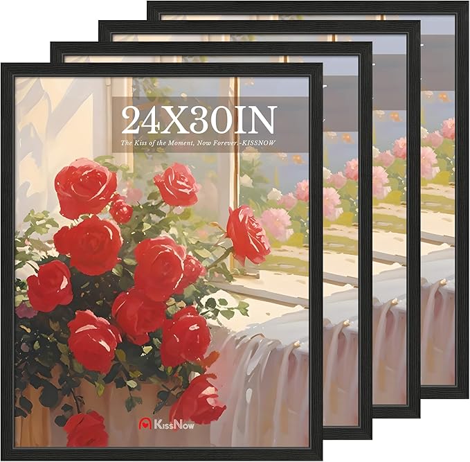 24x30 Poster Frame 4 Pack, Black Solid Wood, Wall Gallery Picture Frame