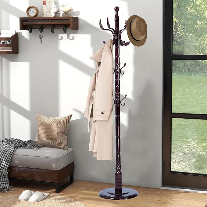 Coat Racks Freestanding, Natural Wood Coat Stands with 14 Hooks, 73" Heavy Duty Adjustable Height Vintage Hall Tree for Entryway, Bedroom, Office, Easy Assembly (Rosewood Fenghuang Gou)