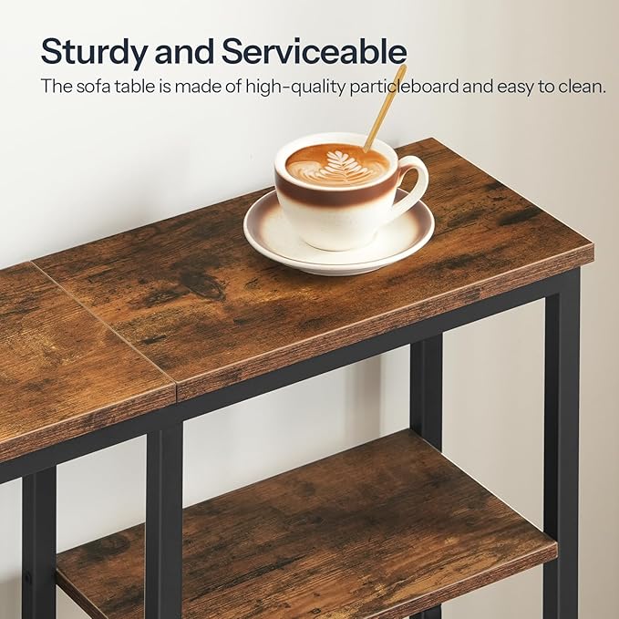 HOOBRO Narrow Console Table, Sofa Table, 4-Tier Industrial Hallway Table with Metal Mesh Shelf, Entryway Table with Adjustable Feet, for Entryway, Living Room, Hallway, Rustic Brown and Black BF79XG01