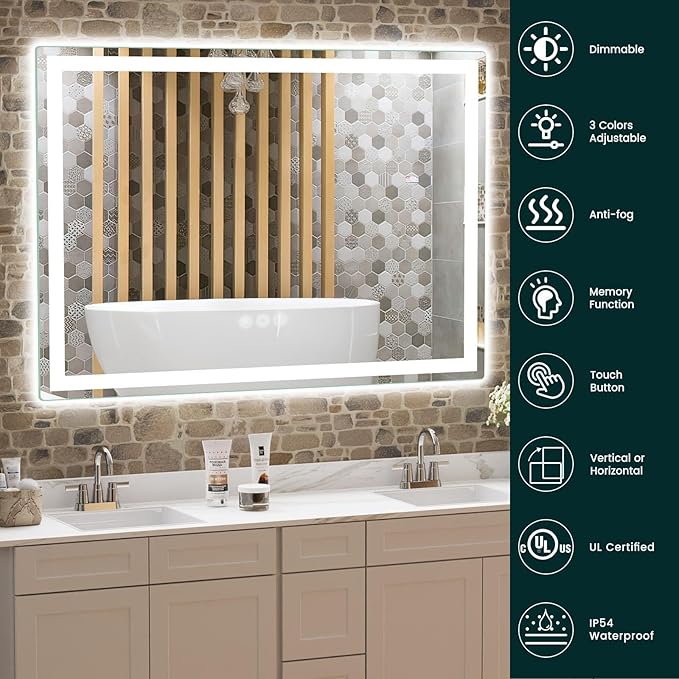 LED Mirror for Bathroom 36"x 48" with Frontlit and Backlit, Anti-Fog Mirror with Lights, Stepless 3 Colors Temperature & Dimmable Bathroom Mirror