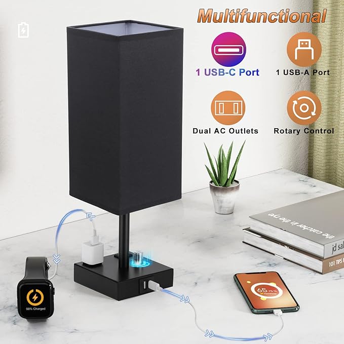 Black Fully Dimmable Nightstand Lamps Set of 2 - Table Bedside Lamp with USB C+A Charging Ports & 2 AC Outlets, Square Lamp Sets Linen Fabric Shade for Bedroom Living Room(Bulb Included)