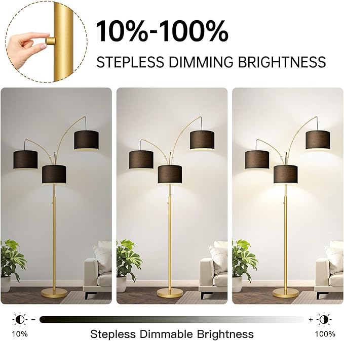 Nintiue Dimmable Floor Lamp - 3 Lights Gold Floor Lamps for Living Room with Black Shades & Heavy Base, Mid Century Tree Floor Lamp for Bedroom Office, 3 LED Bulbs Included