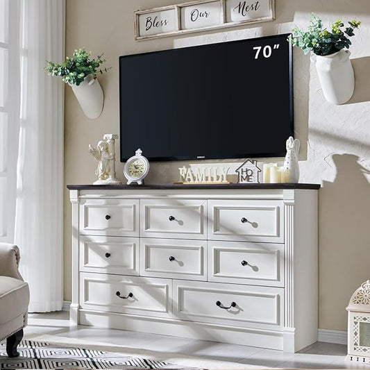 Farmhouse 8 Drawers Dresser for Bedroom, 61" Wide Large Dressers & Chests of Drawers w/Roman Column, Storage Dressers Organizer for Bedroom, Hallway, Living Room, White