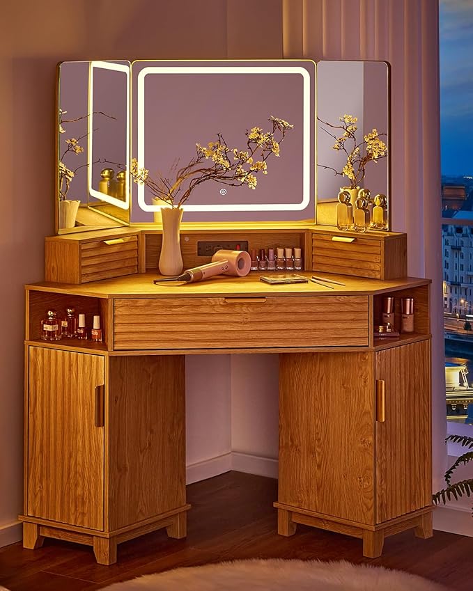 AOGLLATI Large Fluted Corner Vanity Desk with HD Triple Mirror and Lights, Makeup Vanity Desk with 3 Drawers & 3 Cabinets, Modern Dressing Table with Charging Station for Bedroom, Wood