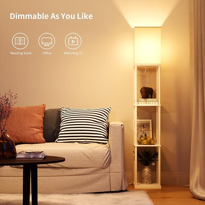 SUNMORY Shelf Floor Lamp with 3-Way Dimmable LED Bulb, Modern Square Standing Lamp with Shelves and White Shade, Corner Display Bookshelf Lamp for Living Room and Bedroom(White)