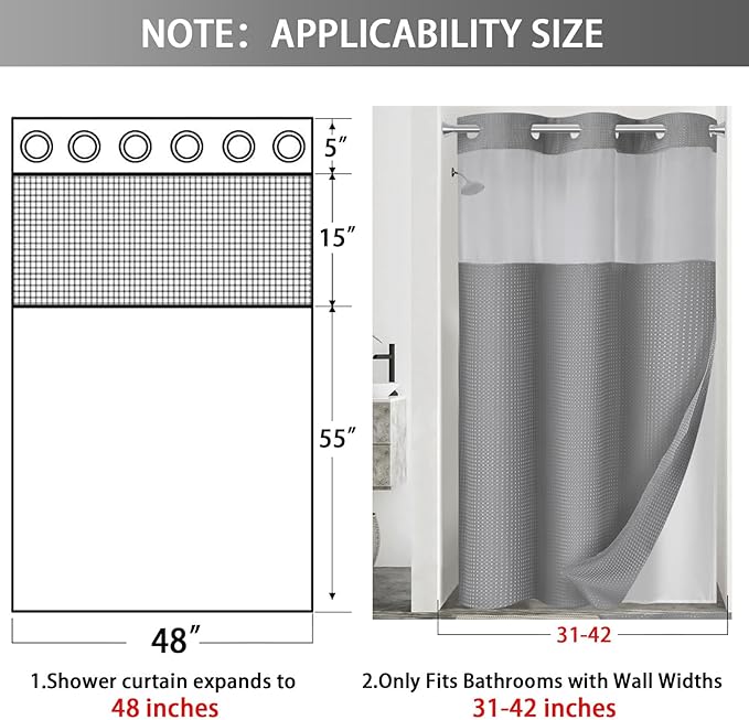 YellyHommy No Hook Shower Curtain with Snap in Liner Set Less Time Grey Waffle Shower Curtain for Bathroom 75" L x 48" W Gray