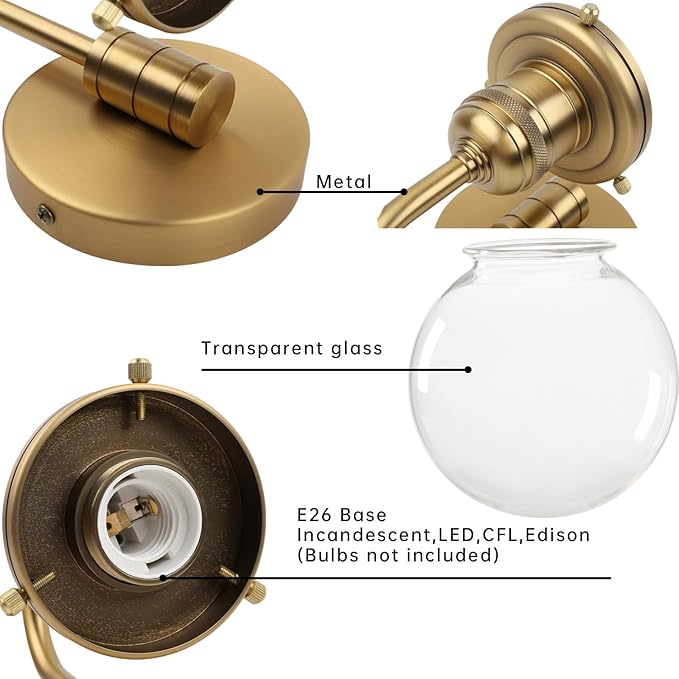 Industrial Vintage Gooseneck Wall Sconce 1-Light with 5.9” Round Clear Glass Globe Shade Indoor Wall Mounted Lamp Fixture