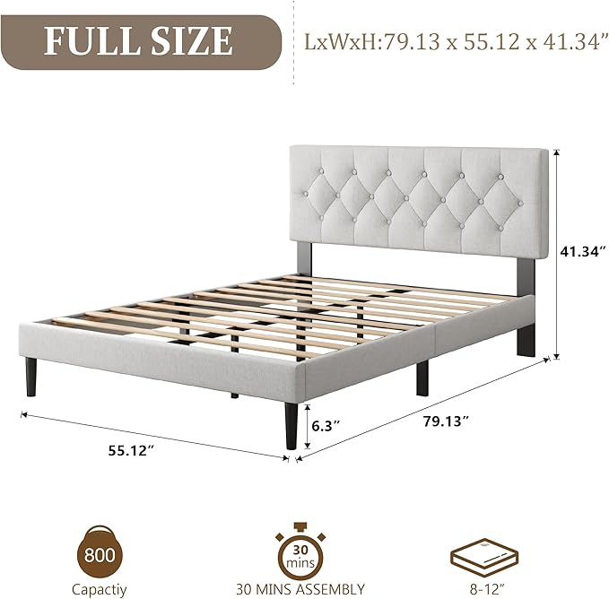 Full Size Platform Bed Frame with Upholstered Headboard, Button Tufted Design, Strong Wooden Slats, No Box Spring Needed, Easy Assembly, Noise Free