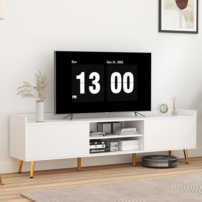 Bonzy Home 70'' Fluted TV Stand Modern Entertainment Center with Sliding Doors & Storage for up to 75'' TV, Media TV Console for Living Room & Bedroom, White