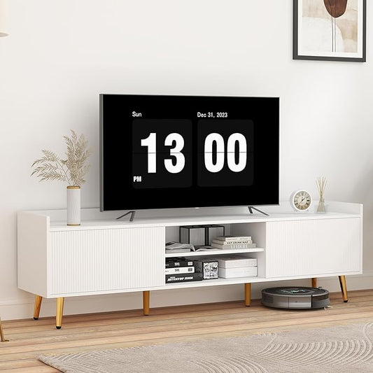 Bonzy Home 70'' Fluted TV Stand Modern Entertainment Center with Sliding Doors & Storage for up to 75'' TV, Media TV Console for Living Room & Bedroom, White