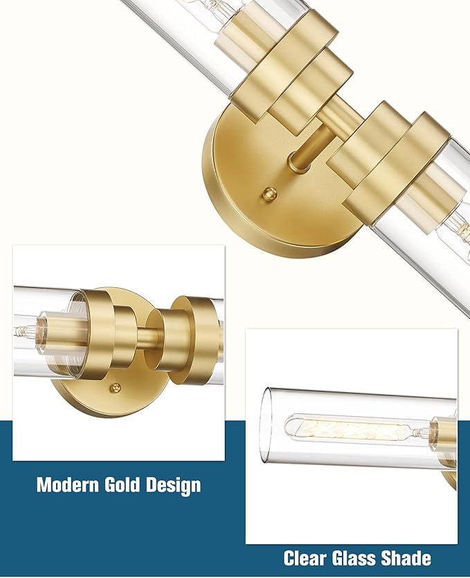 Emak Modern 22 Inch Gold Bathroom Light Fixtures Over Mirror, Cylinder Bathroom Vanity Lights for Mirror, 2-Light Wall Sconces with Clear Glass for Bathroom, Bedroom, Hallway, VL085-GD-2