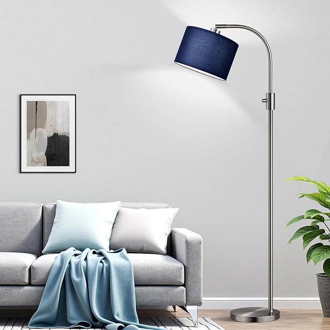 【Upgraded】 Dimmable Brushed Nickel Floor Lamp, 1200 Lumens LED Bulb Included, Arc Floor Lamps for Living Room Modern Standing Lamp with Blue Shade, Tall Lamp for Living Room Bedroom Office Study room