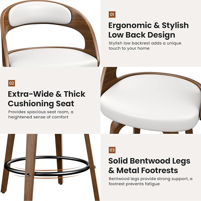 Swivel Bar Stools Set of 1, 26" Counter Height Bentwood Barstool, Mid-Century Modern PU Leather Upholstered Bar Chair with Back and Footrest, for Kitchen Island, Bar, Cafe, Dining Room, White