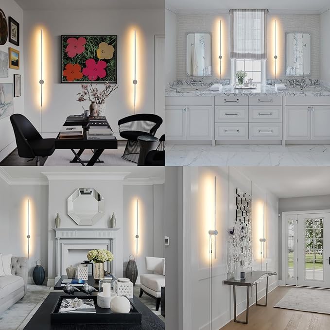 Modern Chrome Plug in Wall Sconce with Remote, Dimmable 31.5" LED Wall Sconces Set of Two with Memory Function, Adjustable Color Temperature Brightness, Timer, 350° Rotate, Hardwire or Plug-in