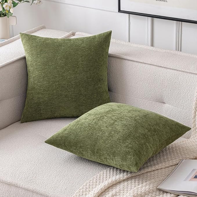MIULEE Pack of 2 Sage Green Decorative Pillow Covers 18x18 Inch Soft Chenille Couch Spring Throw Pillows Farmhouse Cushion Covers for Home Decor Sofa Bedroom Living Room