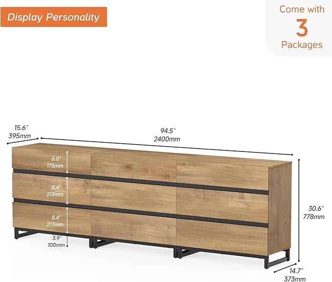 Wampat Modern TV Stand for 100 inch TVs, Entertainment Center Console with 9 Drawers, Metal Base, Living Room, Bedroom, Oak