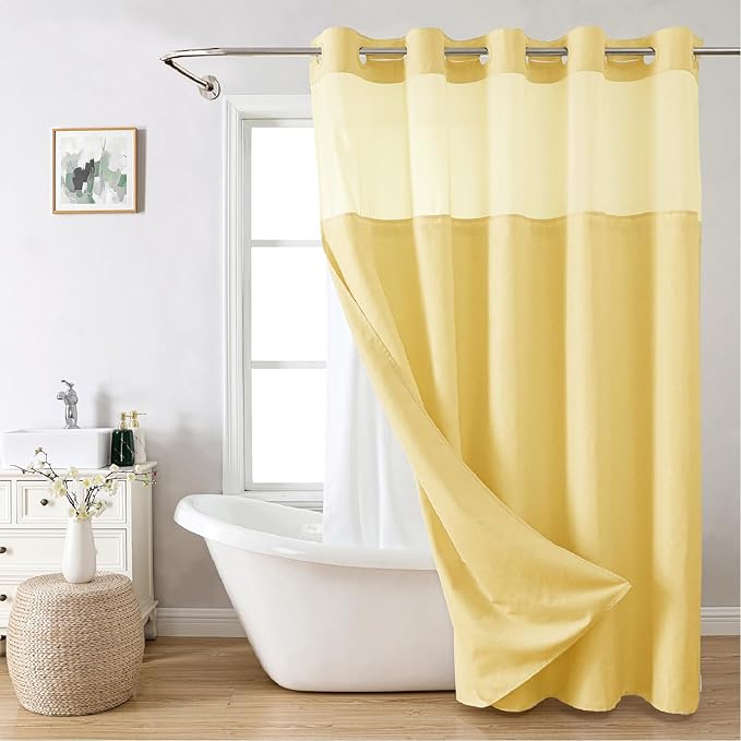 No Hooks Needed Linen Textured Shower Curtain with Snap-in Fabric Liner Set,Hotel Luxury Decor Shower Curtains for Bathroom with Mesh Top Window,Waterproof & Washable,71Wx74H,Gold