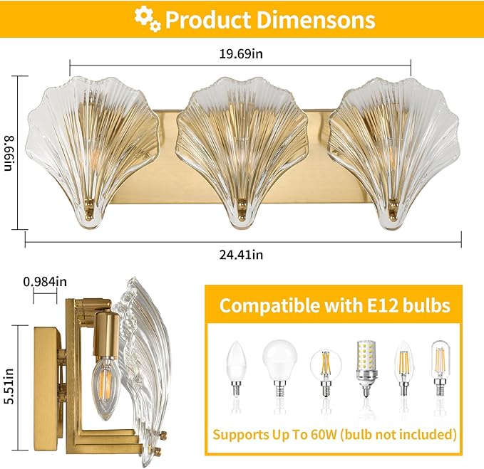 Bathroom Light Fixtures,3-Lights Vanity Lights Over Mirror,Modern Bathroom Wall Light with Clear Shell Shaped Glass Shades,Gold Wall Sconces for Bedroom Living Room Hallway Kitchen.