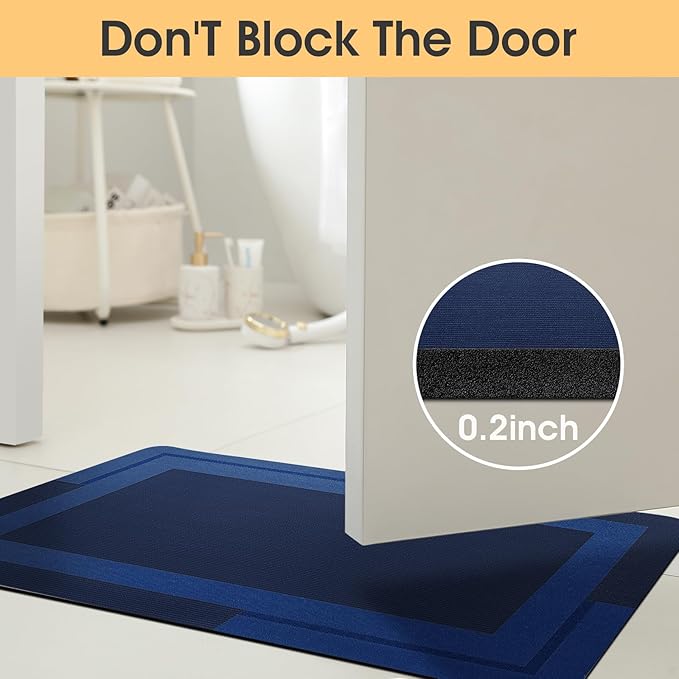 Ultra Thin Bath Mats Fit Under Door, Upgrade Backing Non Slip Bath Mat, Quick Dry Ultra Absorbent Bath Mat, Machine Washable Bathroom Rugs for Bathroom Floor, Bathtub, Kitchen, Dark Blue, 24"x17"