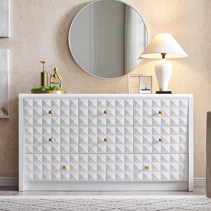 Modern 8 Drawer Dresser for Bedroom, Wooden Large Dressers &Chests of Drawers w/Two Different Drawer Sizes, Mid Century Modern Dresser w/Diamond Panel Decorate for Bedroom, Curved Profile Design,White