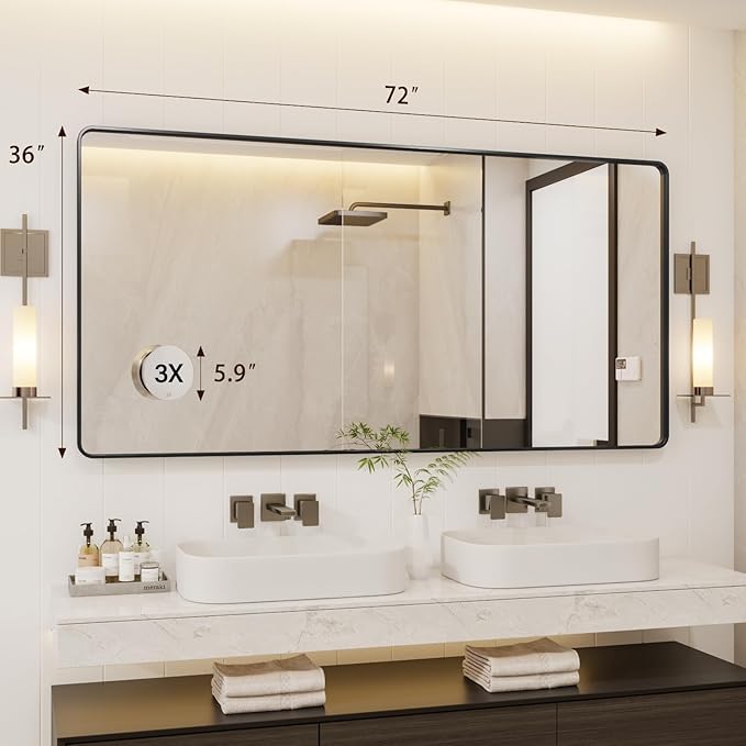 72X36 Inch Black Metal Framed Bathroom Mirror for Wall, Rounded Rectangle Mirror, Matte Black Bathroom Vanity Mirror, Environmentally Friendly Resin Mirror, Anti-Rust