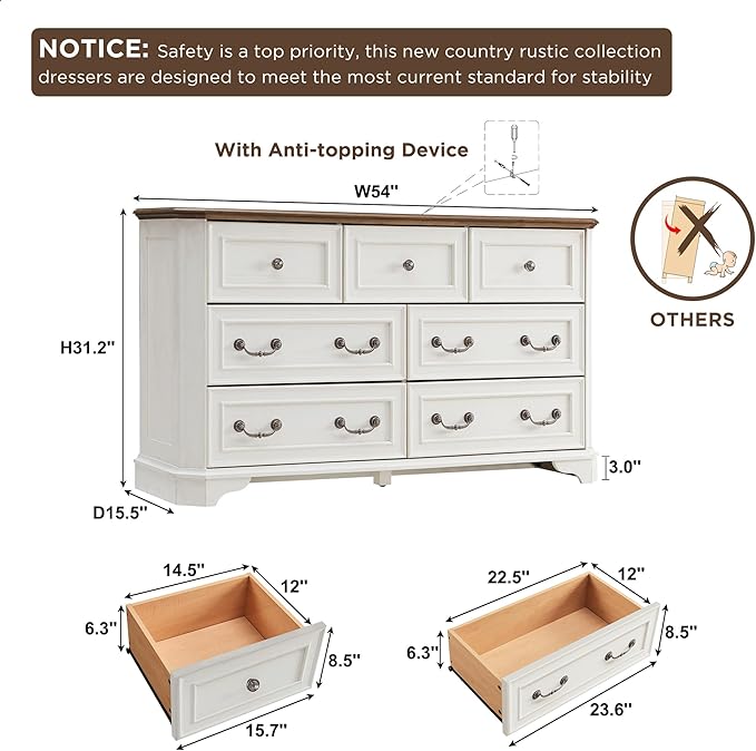 T4TREAM Farmhouse 7 Drawers Dresser for Bedroom, 54" Wide Wood Rustic Chest of Drawers with Natural Texture, Vintage Design, Storage Dressers Organizer for Bedroom, Living Room, Hallway, Antique White